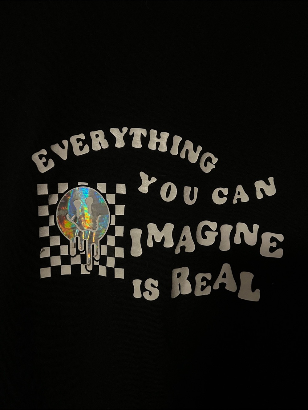 Black Graphic Tee with Holographic Drip Emblem and White Text